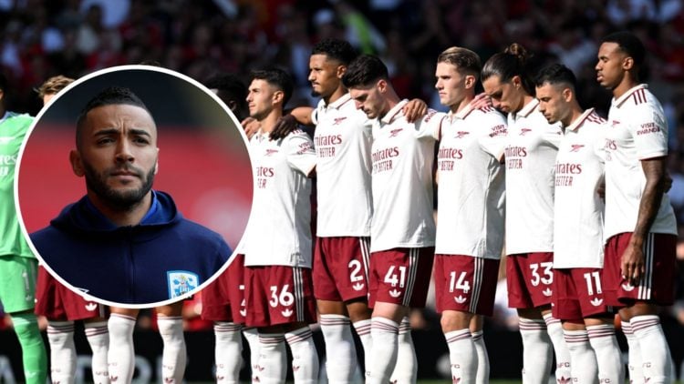 Arsenal players line up at Old Trafford alongside an inset of Danny Simpson.