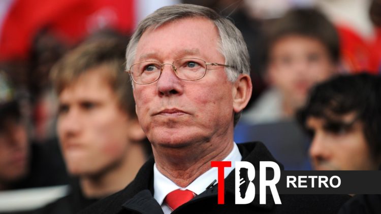 Image of Sir Alex Ferguson looking on during a Manchester United game, overlaid a TBR Retro banner