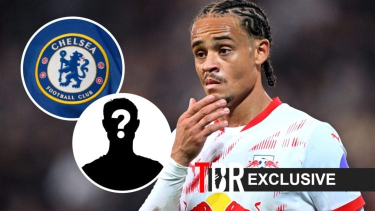 Xavi Simons of RB Leipzig looks on (right), Chelsea badge with mytery overlay (left)