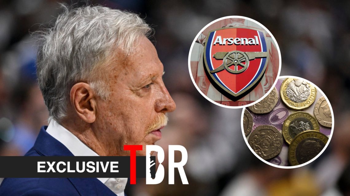 Stan Kroenke looks on. Inset, the Arsenal badge and a general view of pound sterling coins.