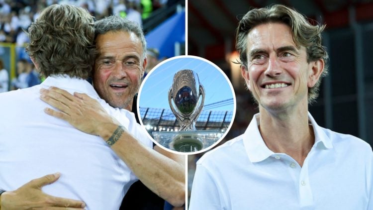 Thomas Frank split image with the UEFA Super Cup