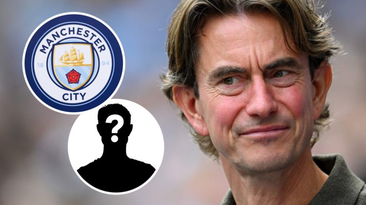 Thomas Frank with a Manchester City badge and mystery player overlay