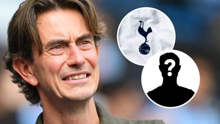 Thomas Frank of Tottenham (left), mystery player overlay and a Tottenham badge (right)