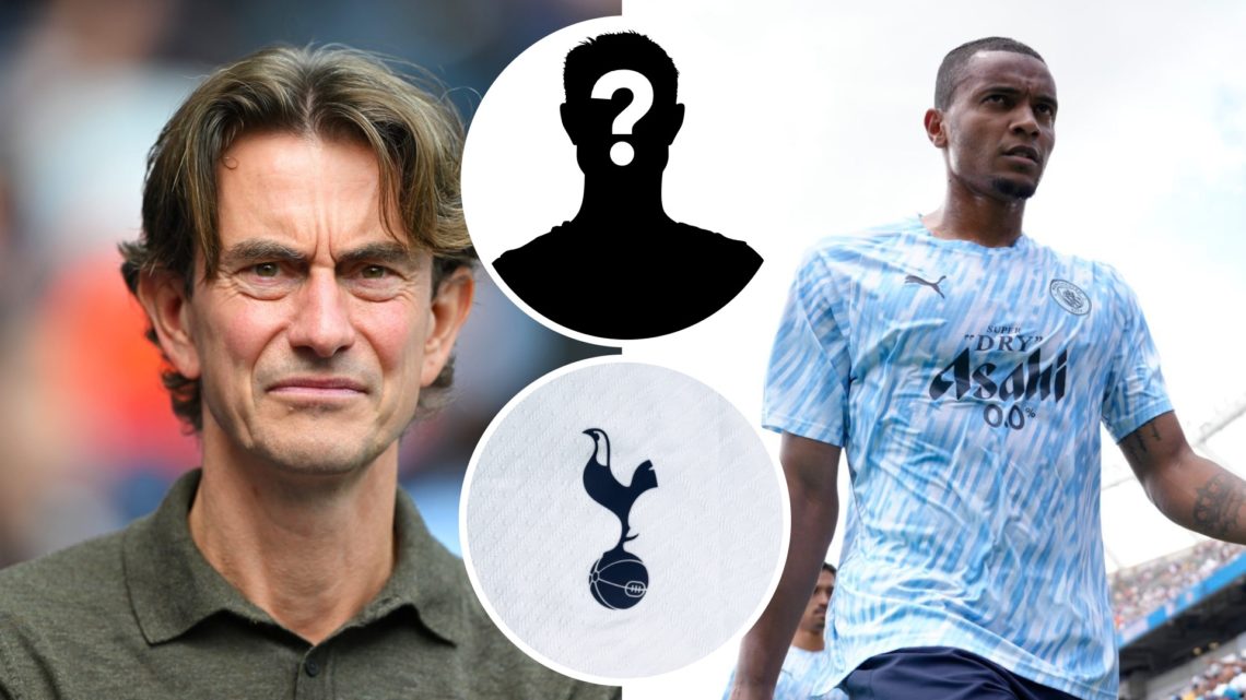 Thomas Frank (left) and Manuel Akanji (right), Tottenham Hotspur badge (centre) and mystery player overlay (centre)