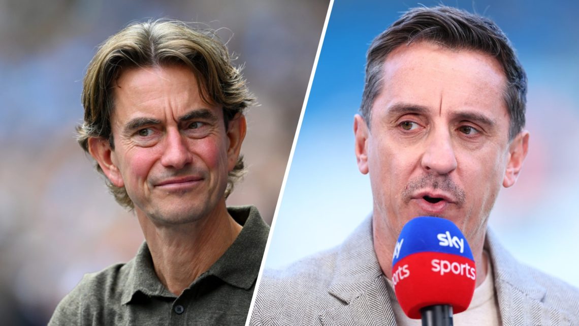 A split image of Tottenham Hotspur boss Thomas Frank (L) and pundit Gary Neville (R)
