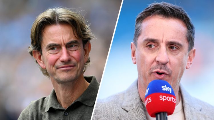 A split image of Tottenham Hotspur boss Thomas Frank (L) and pundit Gary Neville (R)