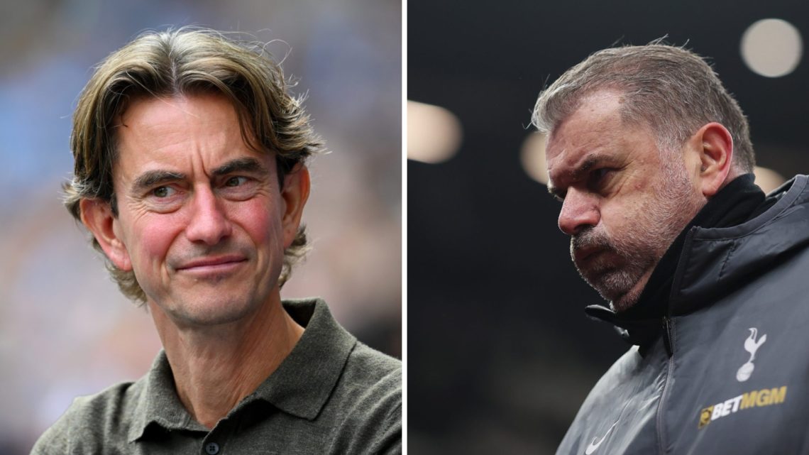 Split image of (L) Thomas Frank smiling during a Tottenham game and (R) Ange Postecoglou looking dejected during a Spurs match