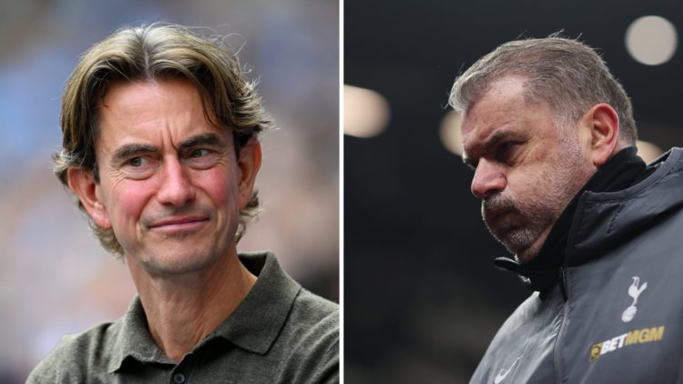 Split image of (L) Thomas Frank smiling during a Tottenham game and (R) Ange Postecoglou looking dejected during a Spurs match