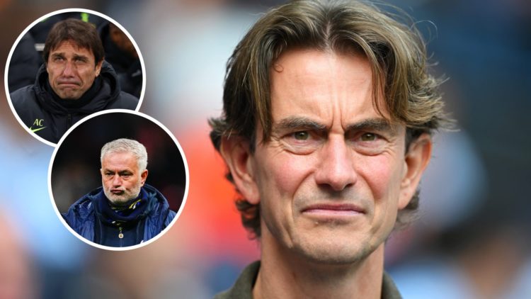 Image of Tottenham boss Thomas Frank with insets of Jose Mourinho and Antonio Conte all looking on during games