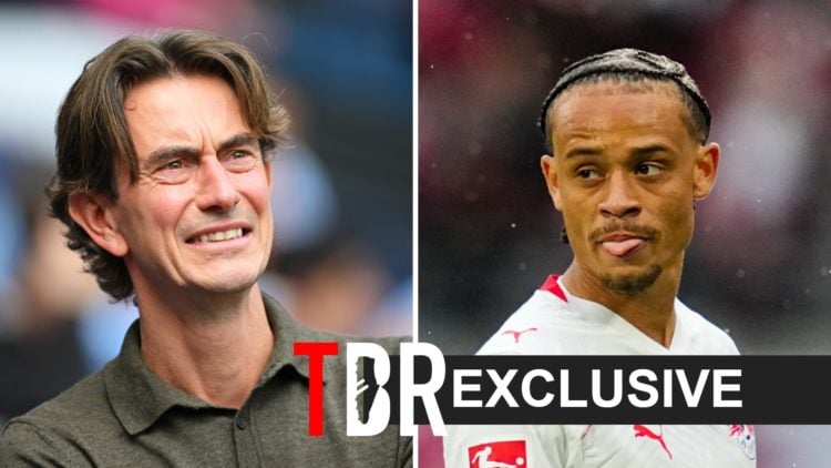 Split image of (L) Thomas Frank looking on during a Tottenham game and (R) Xavi Simons while playing for RB Leipzig