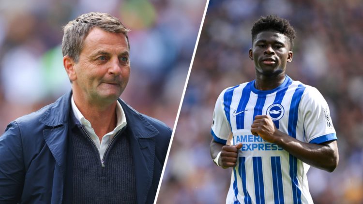 A split image of pundit Tim Sherwood (L) and Brighton and Hove Albion midfielder Carlos Baleba (R)