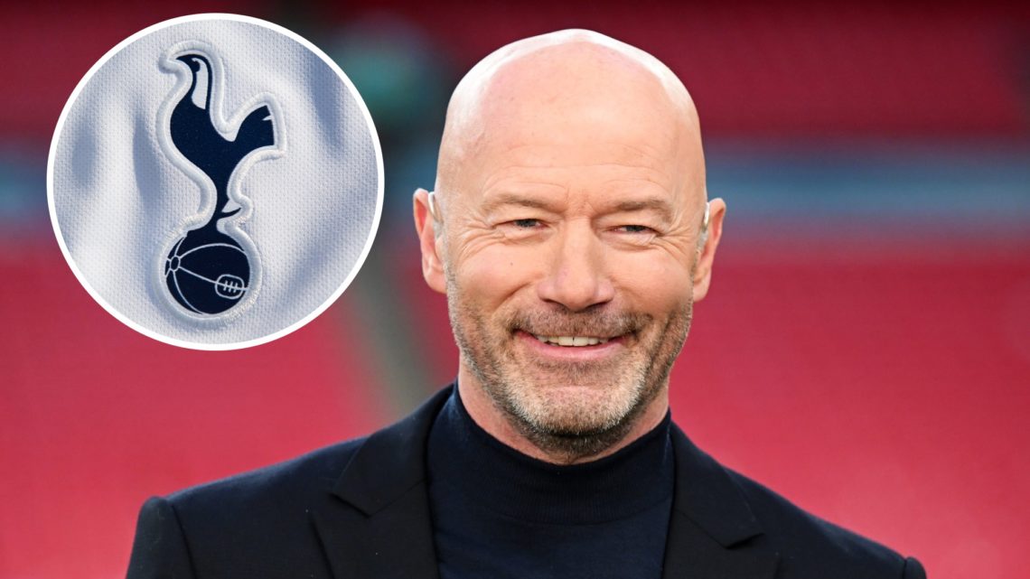 Alan Shearer on punditry duties. Inset of Tottenham Hotspur badge.