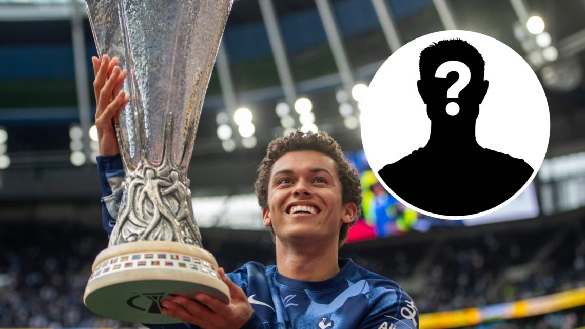 Tottenham Hotspur attacker Brennan Johnson with the Europa League trophy. Inset of a mystery player.