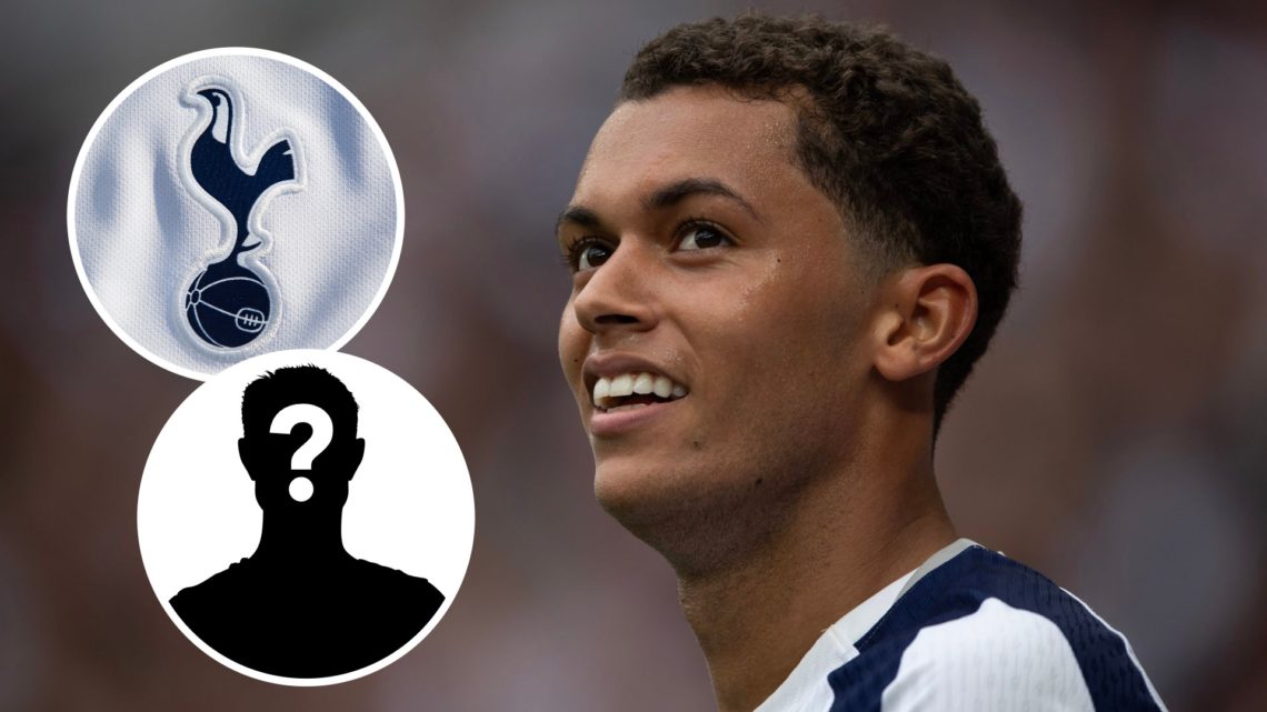 Tottenham Hotspur winger Brennan Johnson in Premier League action. Inset of Spurs badge and a mystery player.
