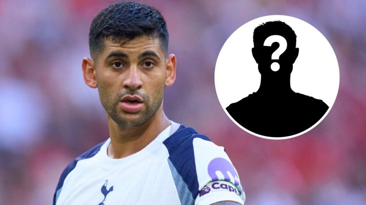 Tottenham Hotspur captain Cristian Romero in action vs Bayern Munich. Inset of a mystery player.