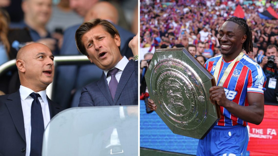 Split image of Tottenham Hotspur manager Daniel Levy with Crystal Palace chairman Steve Parrish (L) and Eberechi Eze (R) after winning the Communit...