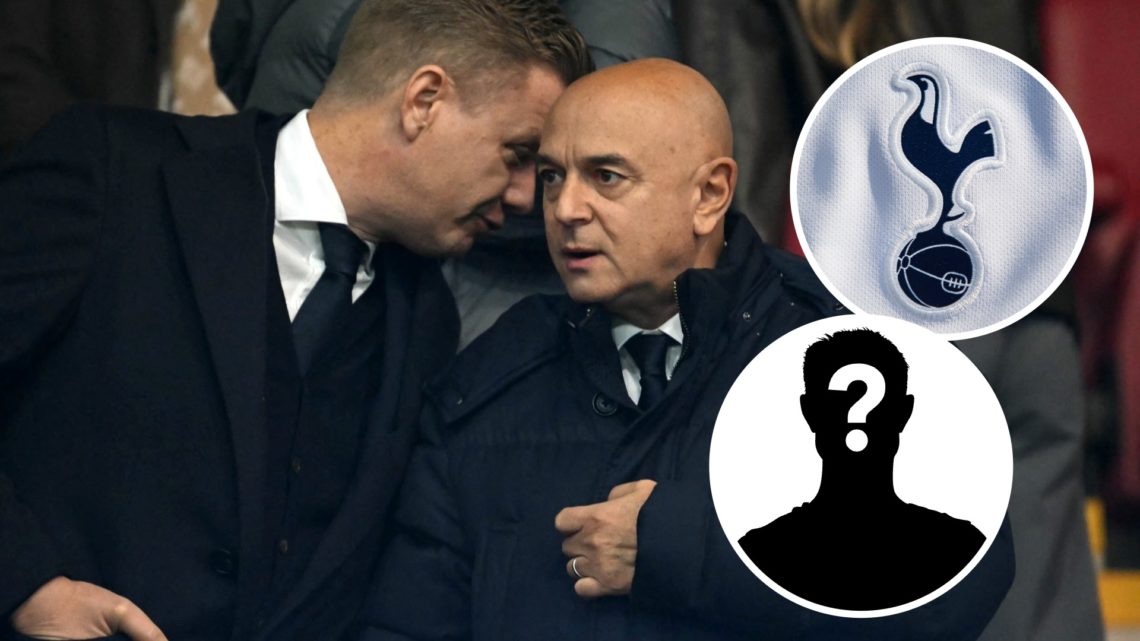 Tottenham Hotspur chairman Daniel Levy and Johan Lange ahead of Premier League match. Inset of a mystery player and Tottenham badge.