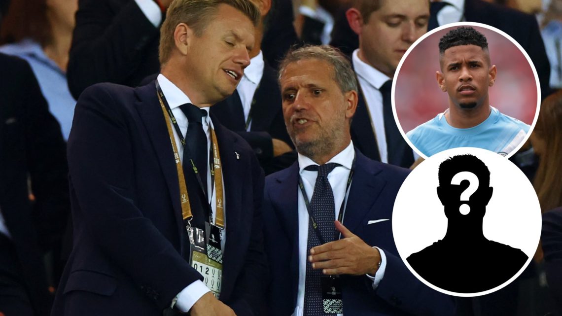 Tottenham Hotspur sporting director Johan Lange in conversation with Fabio Paratici. Inset of Savinho and mystery player.