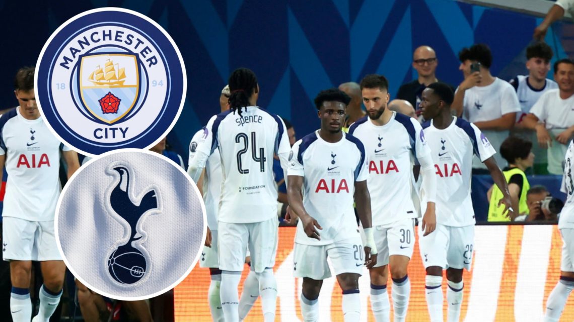 Tottenham Hotspur winger Mohammed Kudus during UEFA Super Cup. Inset of Spurs badge and Manchester City badge.
