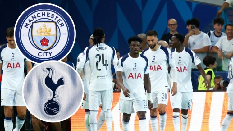 Tottenham Hotspur winger Mohammed Kudus during UEFA Super Cup. Inset of Spurs badge and Manchester City badge.