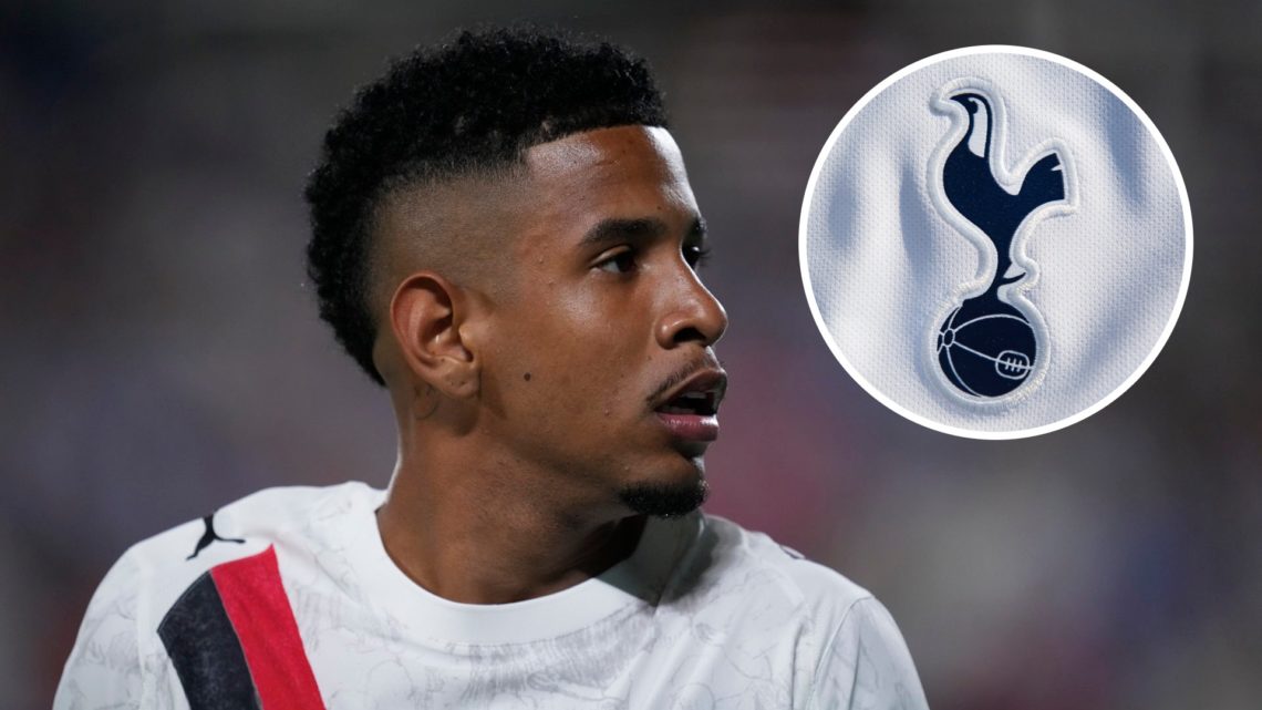 Manchester City winger Savinho in action during FIFA Club World Cup. Inset of Tottenham Hotspur badge.