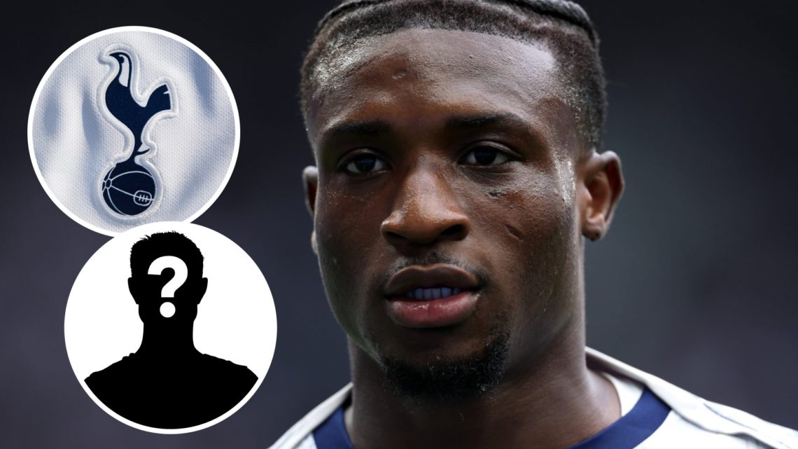 Tottenham Hotspur forward Moahmmed Kudus ahead of Burnley clash. Inset of mystery player and Spurs badge.