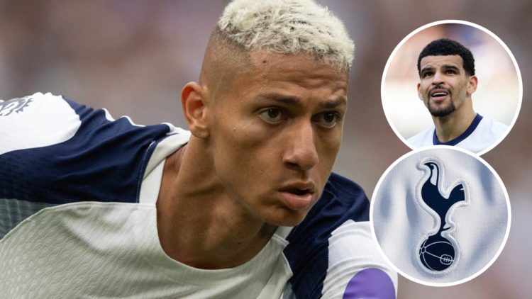 Tottenham Hotspur striker Richarlison in Premier League action. Inset of Spurs badge and Dominic Solanke.