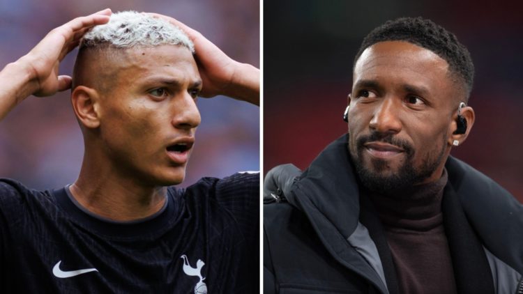 Split image of Tottenham Hotspur striker Richarlison against Man City (L) and Jermain Defoe (R) as pundit.