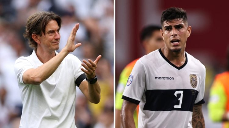 Split image of Tottenham Hotspur manager Thomas Frank (L) and Bayer Leverkusen defender Piero Hincapie(R). Inset of a Spurs badge.