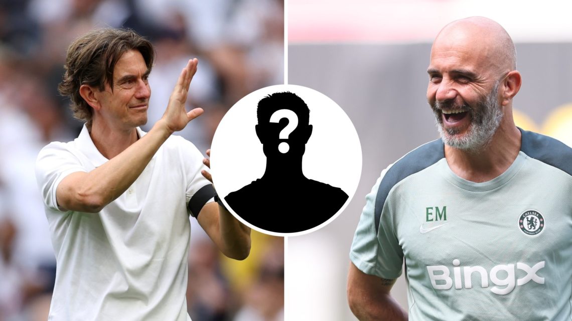 Split image of Tottenham Hotspur manager Thomas Frank (L) and Chelsea boss Enzo Maresca (R). Inset of a mystery player.