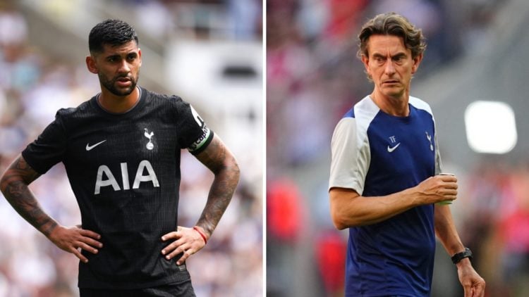 Split image of Tottenham Hotspur manager Thomas Frank (L) and new Tottenham captain Cristian Romero (R) in action.