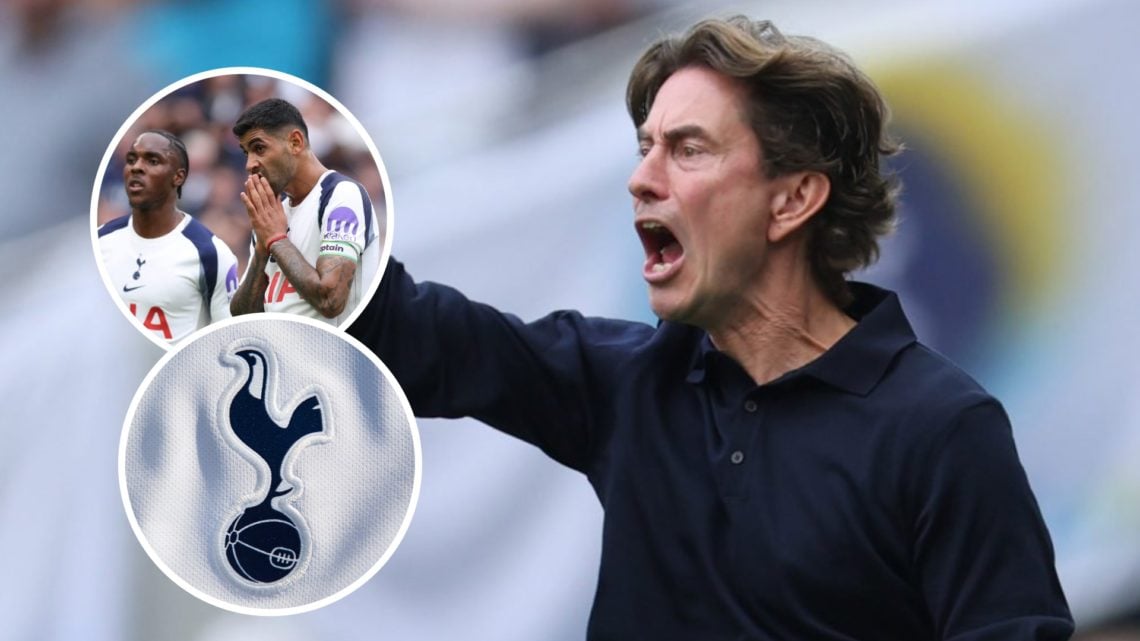 Tottenham Hotspur manager Thomas Frank during Premier League match. Inset of Cristian Romero and Spurs badge.