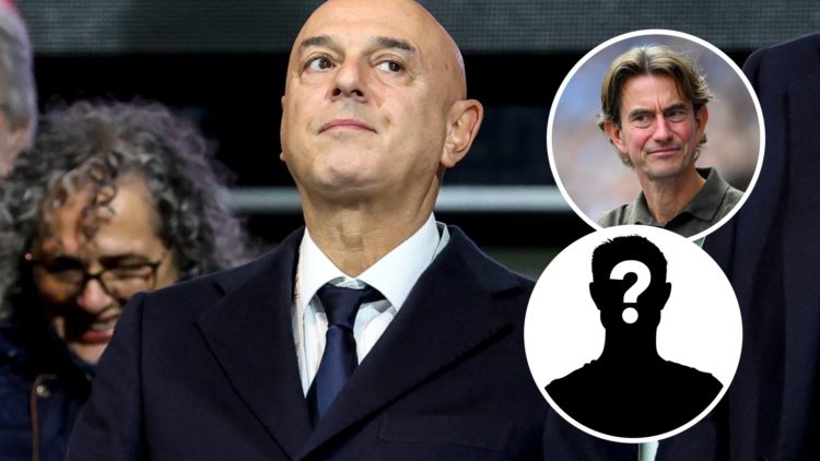 Tottenham Hotspur chairman Daniel Levy at Premier League match. Inset of Thomas Frank and a mystery player.