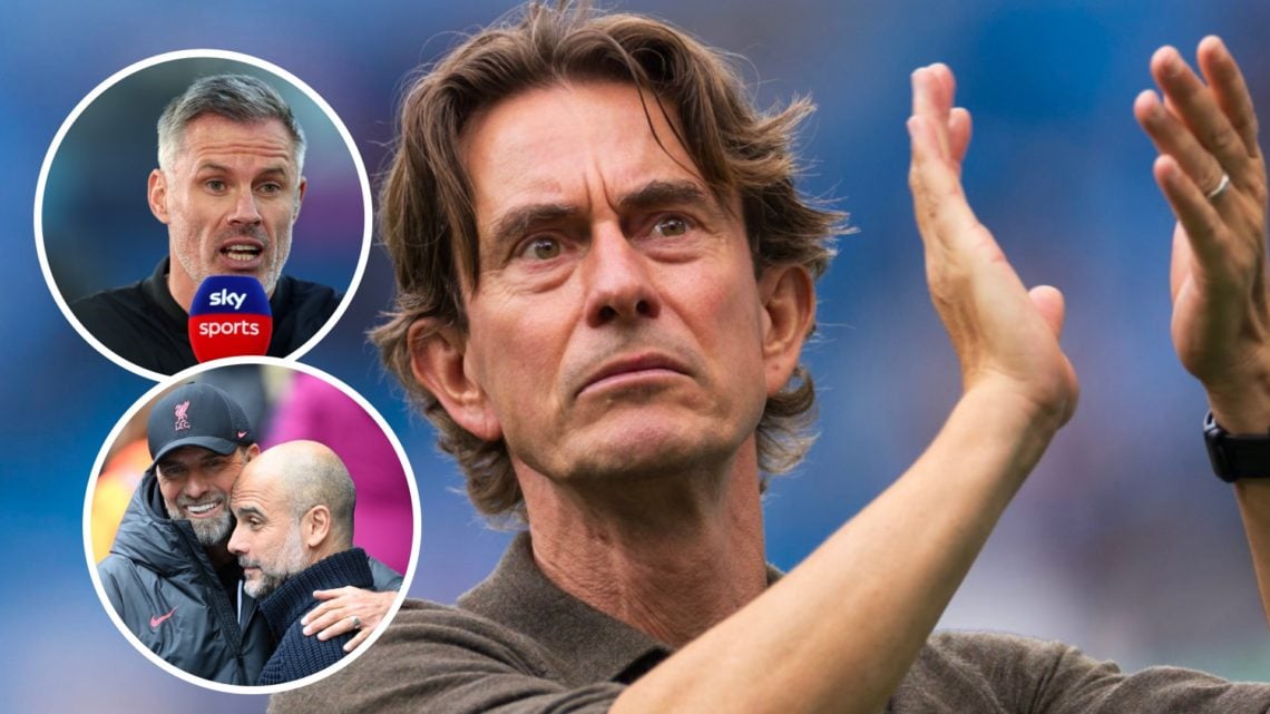 Tottenham Hotspur manager Thomas Frank after beating Man City. Inset of Jamie Carragher and Pep Guardiola with Jurgen Klopp.