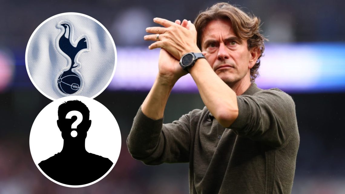 Tottenham Hotspur manager Thomas Frank after losing to Bournemouth. Inset of Spurs badge and a mystery player.