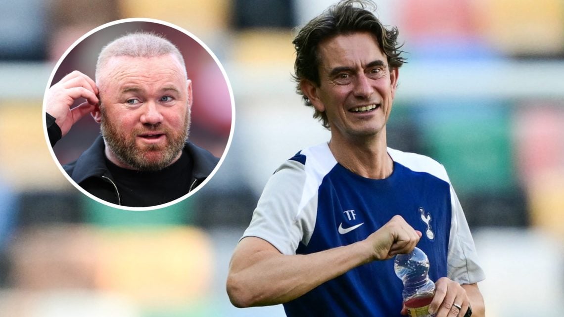 Tottenham Hotspur manager Thomas Frank during training. Inset of Wayne Rooney as pundit.