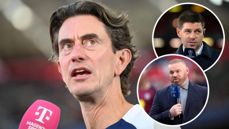 Tottenham Hotspur manager Thomas Frank during interview. Inset of Wayne Rooney and Steven Gerrard.