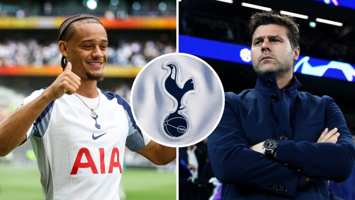 Split image of Tottenham Hotspur new signing Xavi Simons (L) and former Tottenham manager Mauicio Pochettino (R). Inset of Spurs badge.