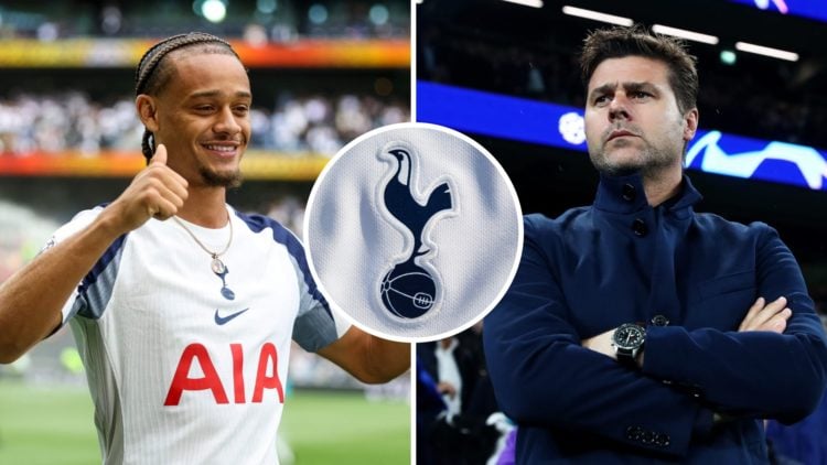 Split image of Tottenham Hotspur new signing Xavi Simons (L) and former Tottenham manager Mauicio Pochettino (R). Inset of Spurs badge.