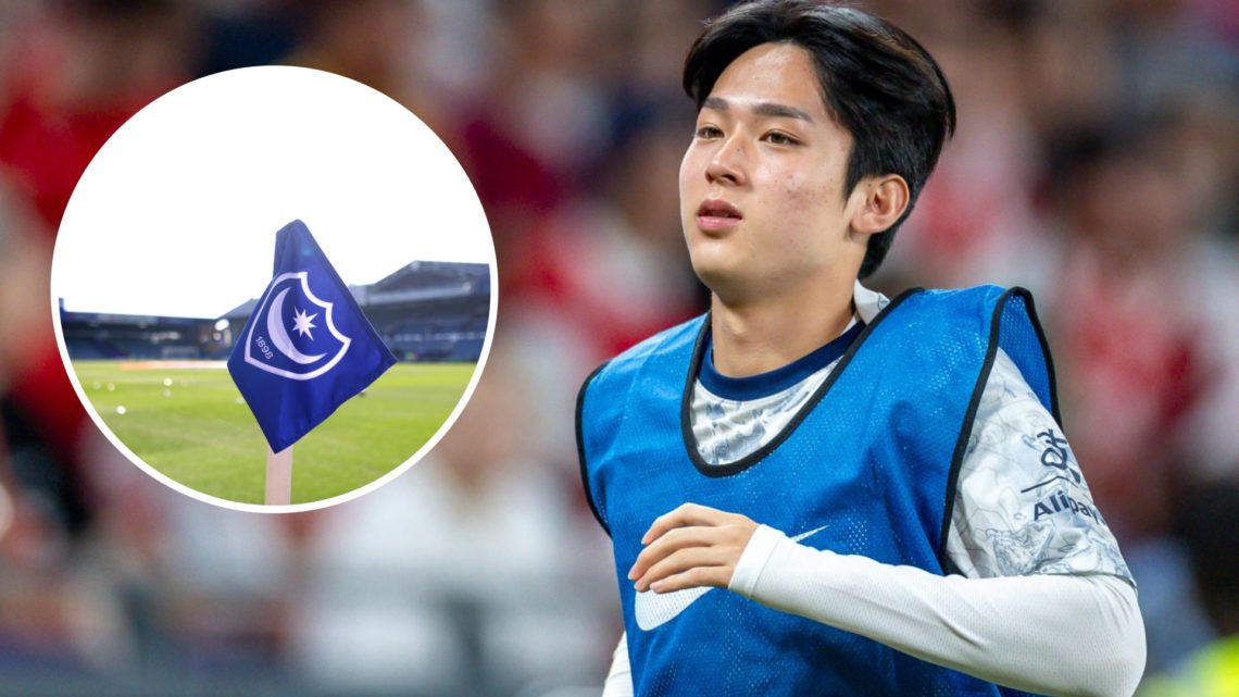 Tottenham Hotspur attacker Yang min-Hyeok warming up. Inset of Portsmouth badge