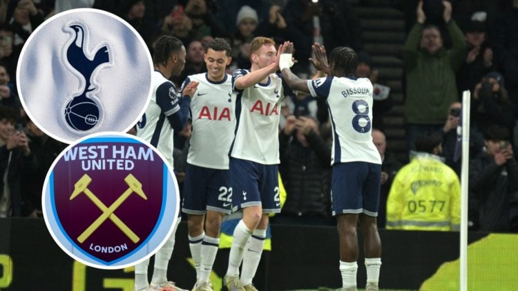 Tottenham Hotspur midfielder Yves Bissouma in action. Inset of West Ham United badge.