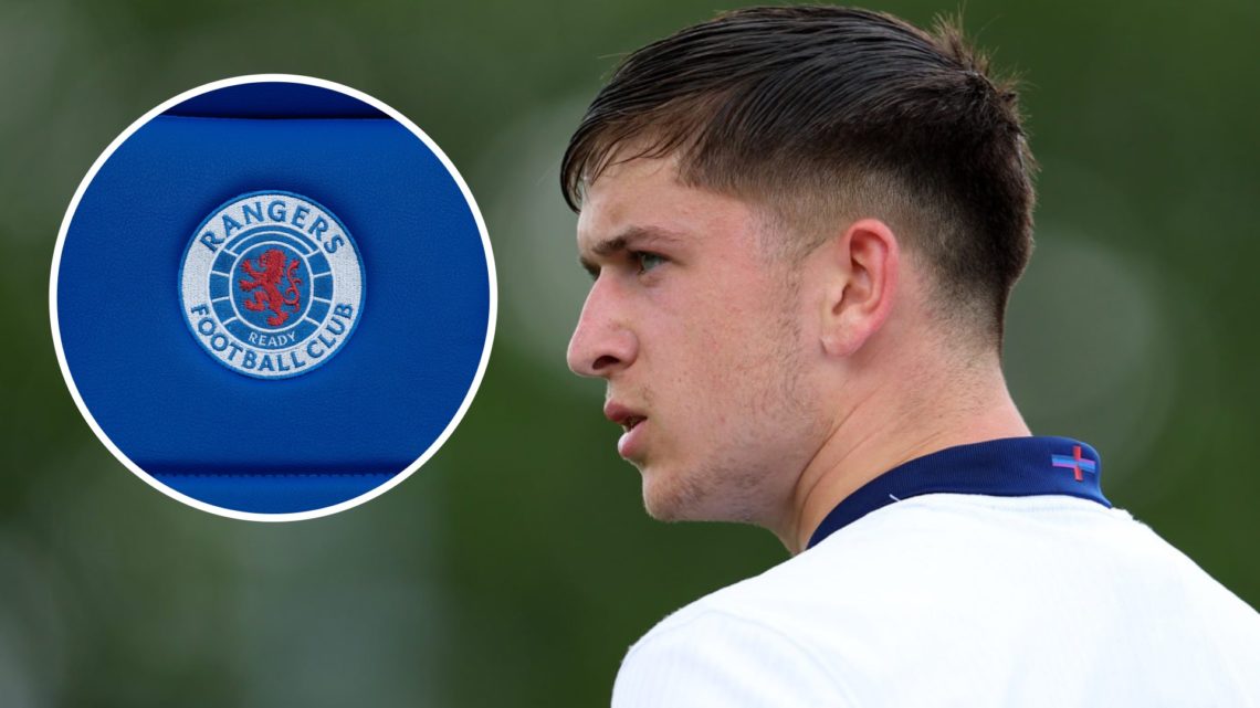 Tottenham youngster Mikey Moore in action for England youth team. Inset of Rangers badge.