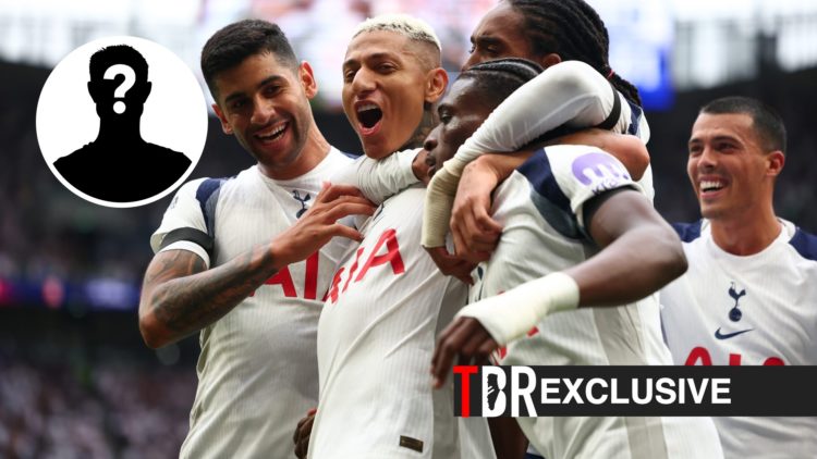 Tottenham players celebrate after scoring against Burnley in the Premier League, mystery figure, TBR logo and exclusive label inset