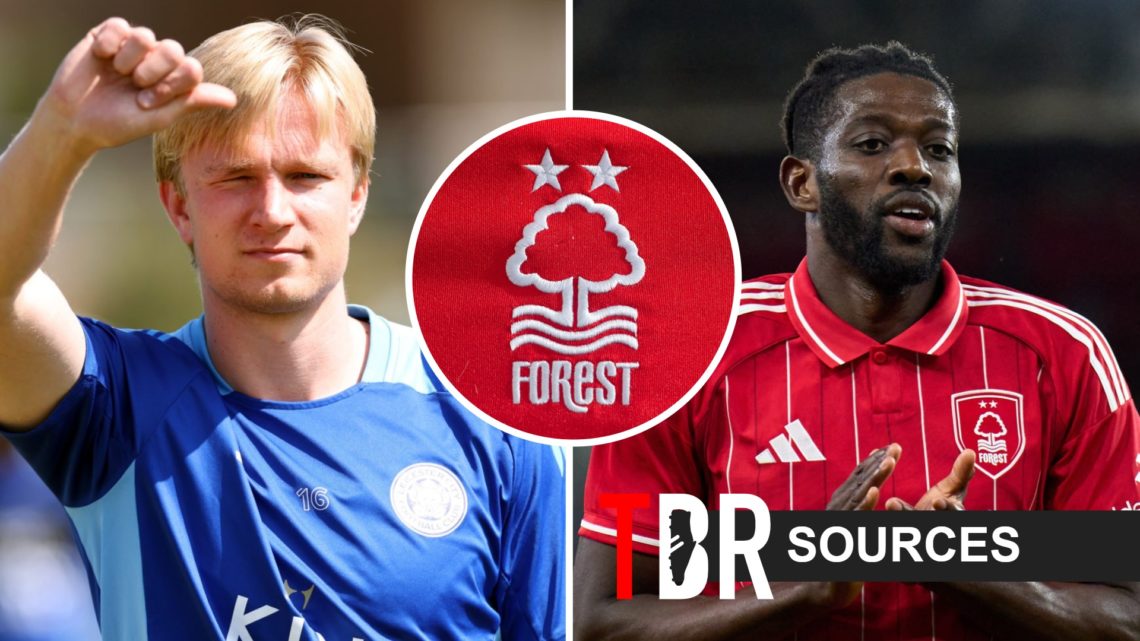 Victor Kristiansen, Ibrahim Sangare, Nottingham Forest crest (inset)