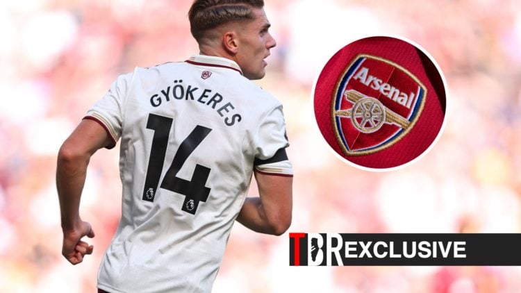 Viktor Gyokeres looks on during a Premier League clash between Manchester United and Arsenal, TBR logo, exclusive tag and Arsenal badge inset