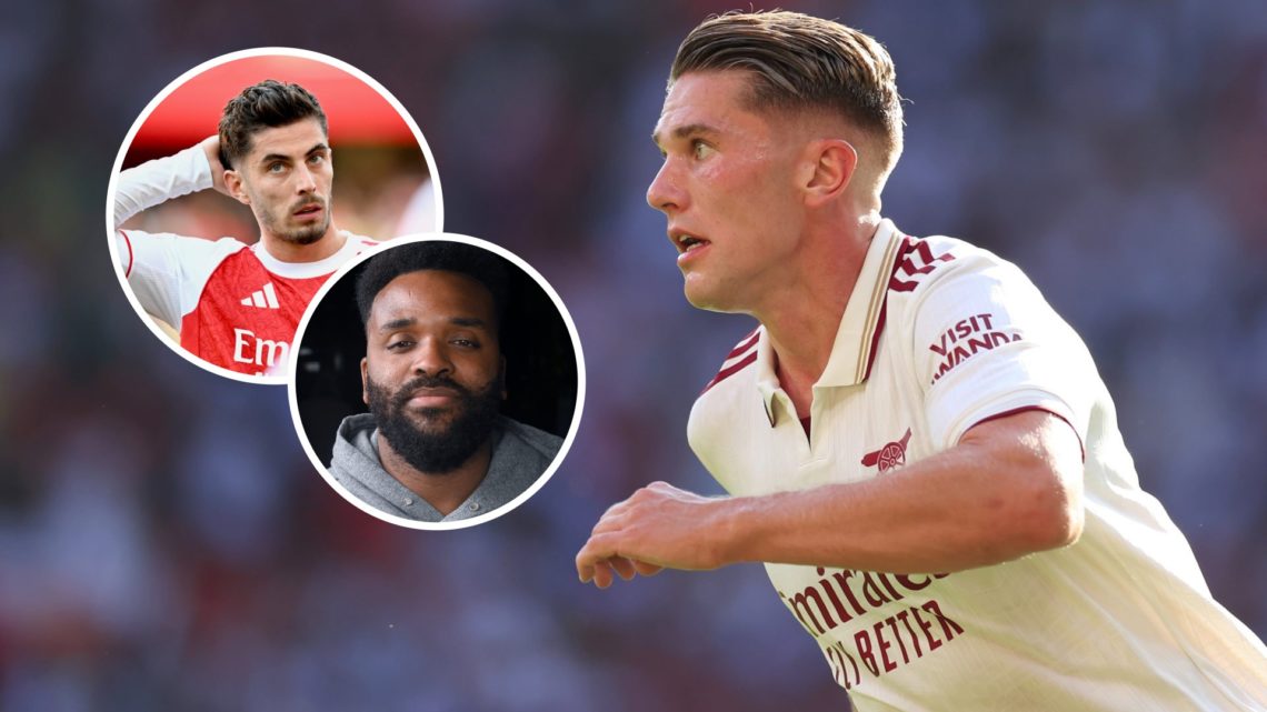 Viktor Gyokeres in action for Arsenal at Old Trafford, Kai Havertz, Darren Bent inset