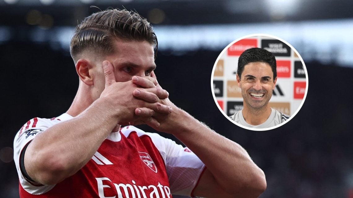 Viktor Gyokeres celebrates after scoring for Arsenal, Mikel Arteta inset