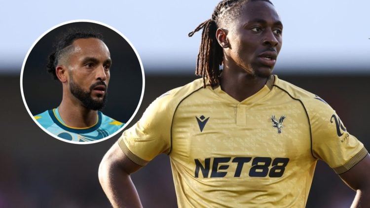 Eberechi Eze looks on for Crystal Palace with an inset of former Arsenal forward Theo Walcott.