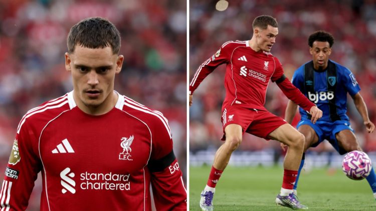 Split image of Florian Wirtz in action for Liverpool against Bournemouth.