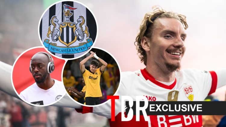 Woltemade split image with images of Wissa and Strand Larsen plus a Newcastle badge